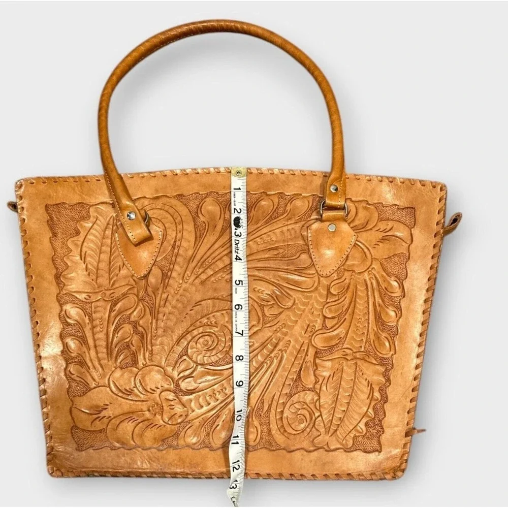 Womens Leather Natural‎ Grain Tote Handbag Embossed Tooled Zip Top 16